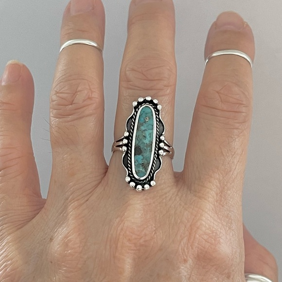 Sterling Silver Long Oval Genuine Turquoise Ring, Boho Ring, Silver Rings - Picture 3 of 12
